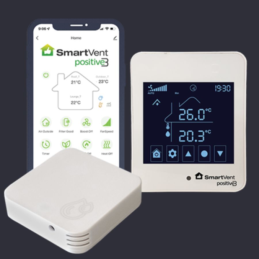 SmartVent Positive Advance wall controller and app showing whole-home climate control